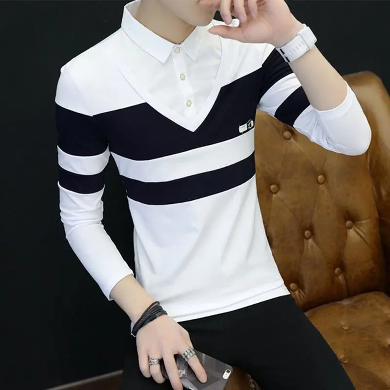 

Men's Autumn Long Sleeve Polo Shirt 100% Cotton Slim Fit Turn Down Collar Korean Style Casual Top for Young Men