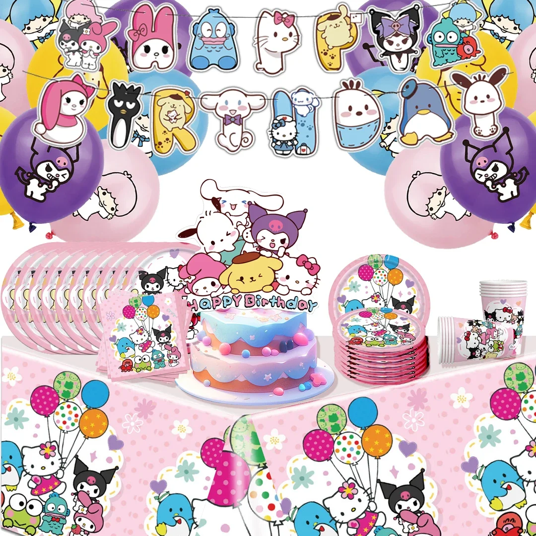 Cute Sanrio series Birthday Party dinnerware Disposable Banner Cake Topper Hanging Flag Hello Kitty Balloons Birthday Decoration