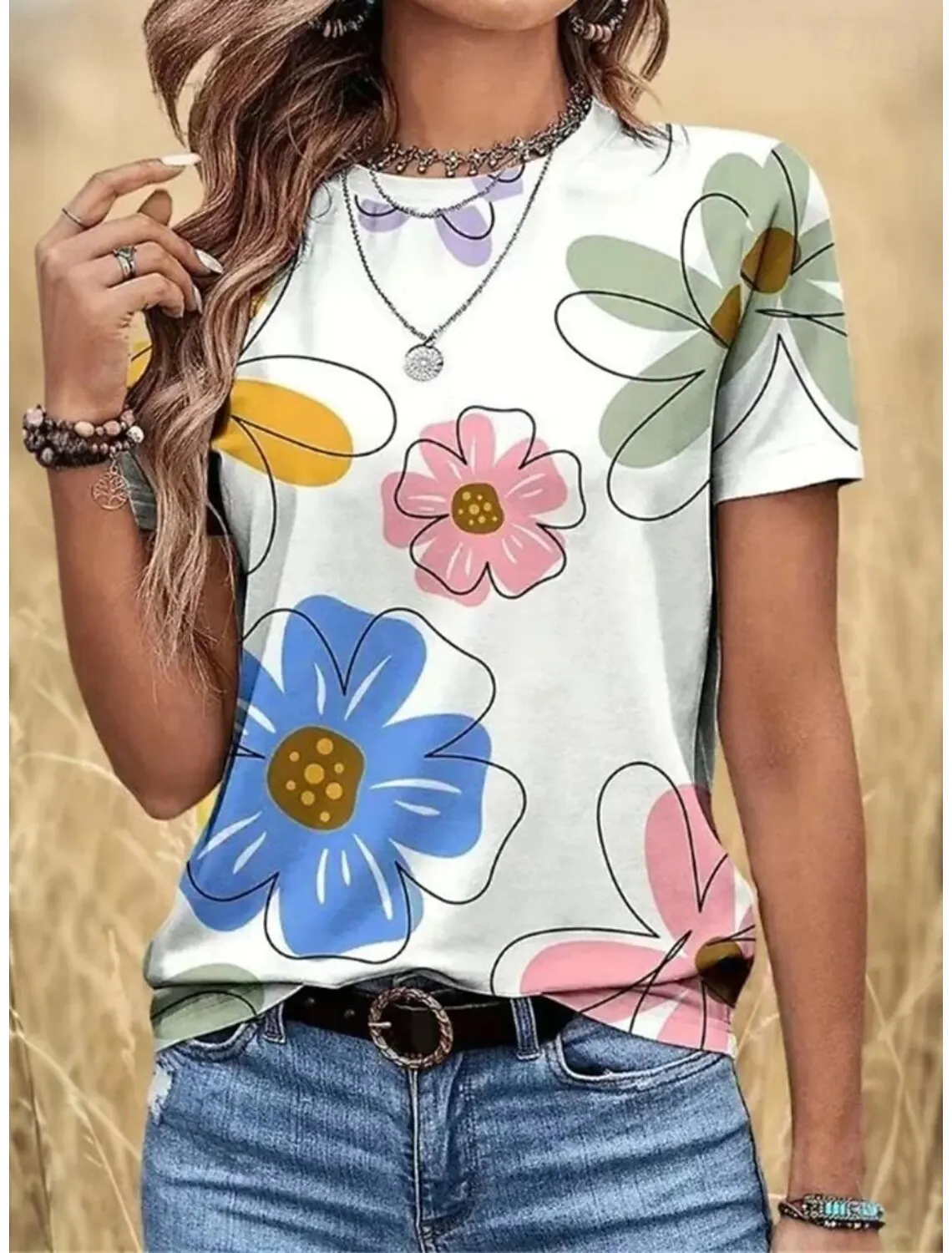 Women's Spring Summer 3D Printed Crew Neck Tee, White Base Minimal Hand Drawn Color Big Flower Fresh Art Print Casual Top