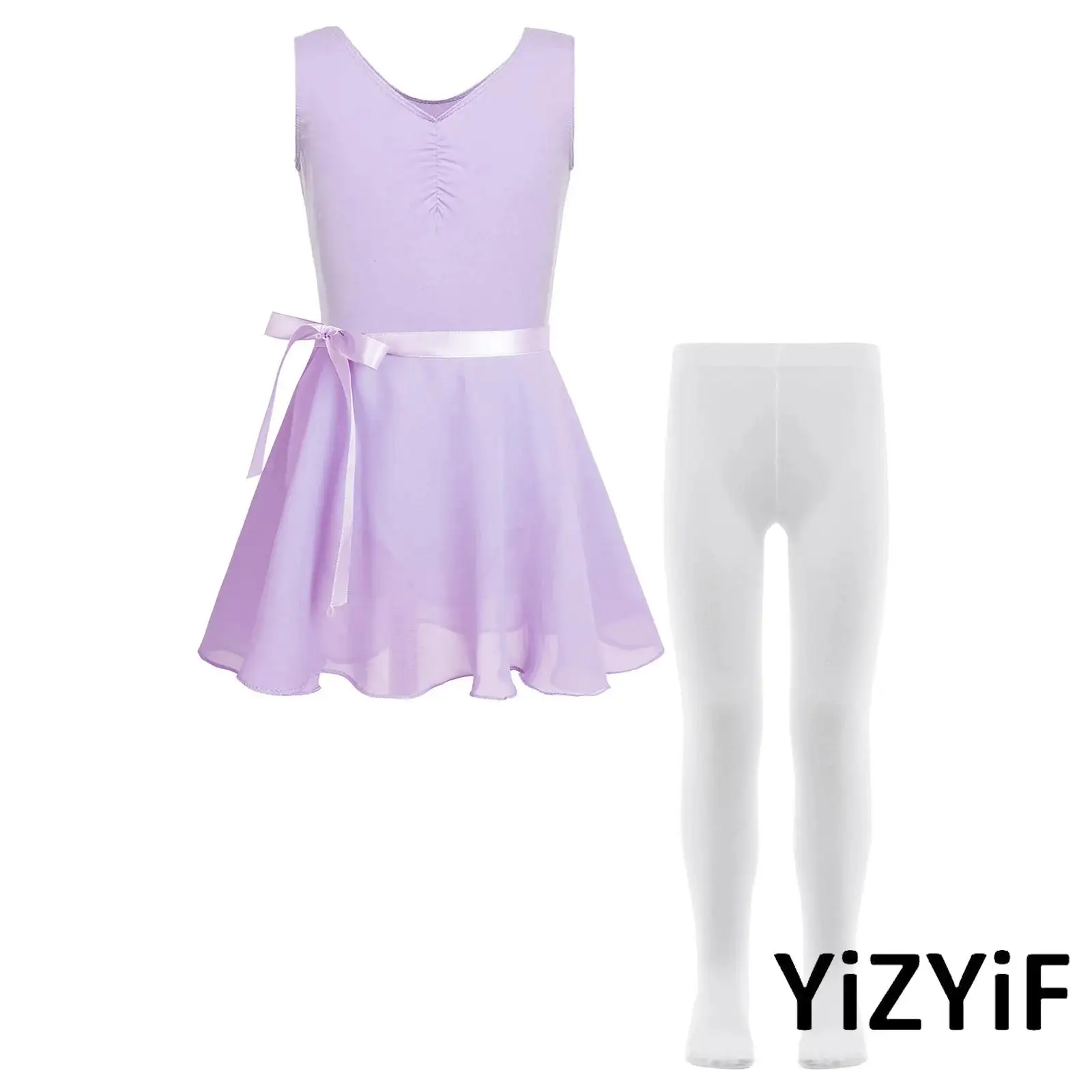 

Kids Girls Lyrical Ballet Dance Costume Gymnastics Leotard with Self Tie Skirt Pantyhose Set for Figure Skating Performance