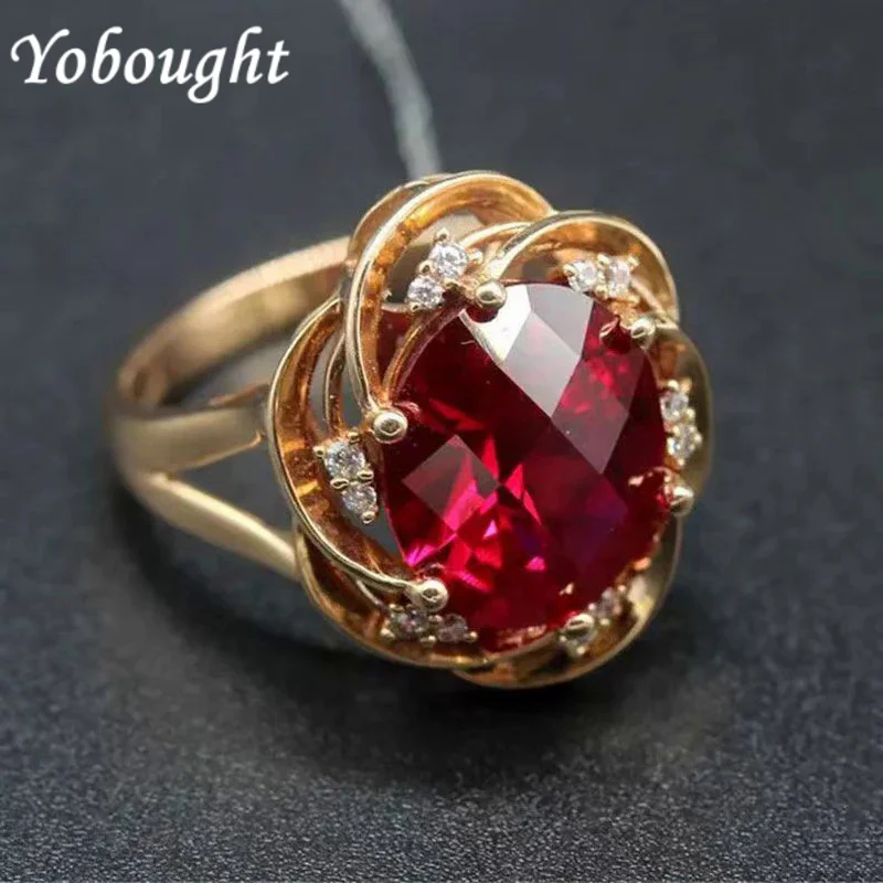 585 Purple 14K Rose Gold Inlaid Flower Ruby Rings For Women Adjustable Elegant Crystal Charm Wedding Engagement Jewelry