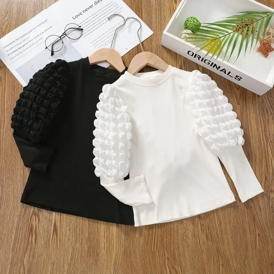 تي شيرت بناتي موضة خريف 2025 بأكمام منتفخة تي شيرت للأطفال غير رسمي بلونين من 1 إلى 8 سنوات #6