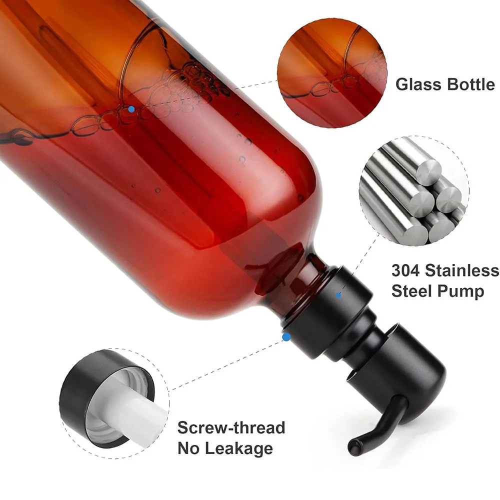Amber Glass Soap Dispenser with Black Pump, Liquid Hand Soap Dispenser for Bathroom, Kitchen Dish Soap Dispenser, 16Oz 500ml view 4
