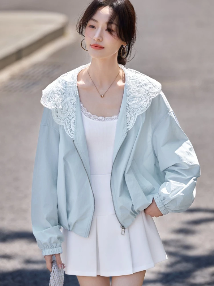 

SENTUBILA Lace Hooded Jacket for Woman 2025 Summer New Simple Casual Long-sleeved Loose Fitted Short Coat Tops W52WB1843