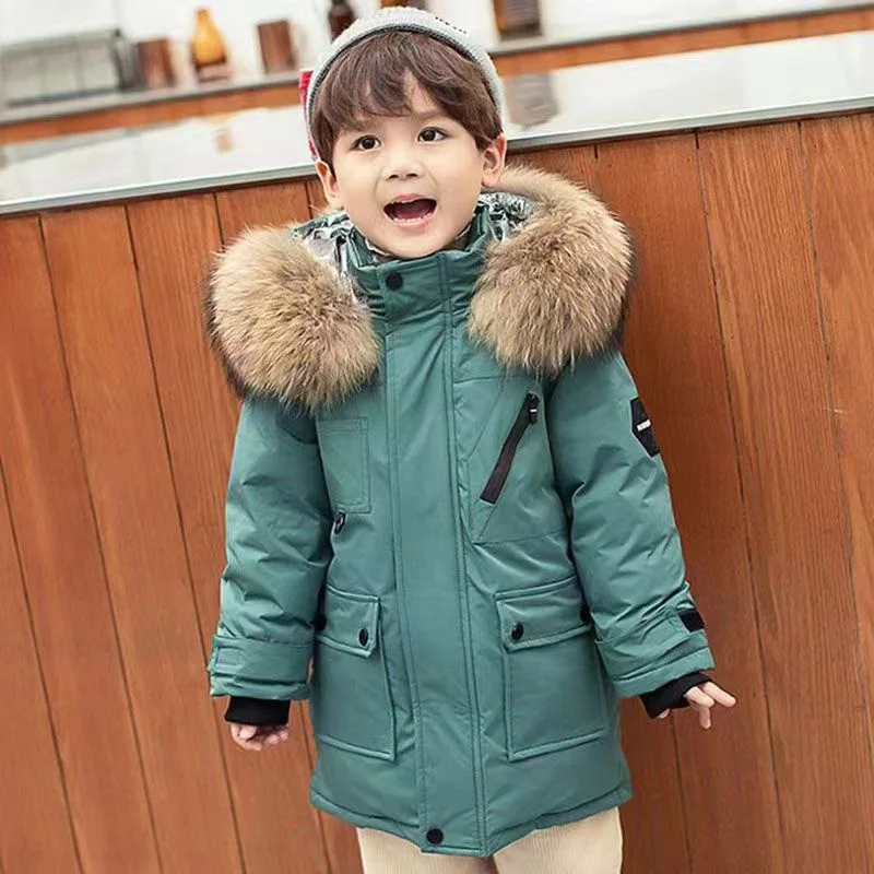 Children\'s Down Cotton Jacket Boys Winter Thickened Large Fur Collar Coat 2024 New Kids Warm Hooded Outerwear Teenager Clothing