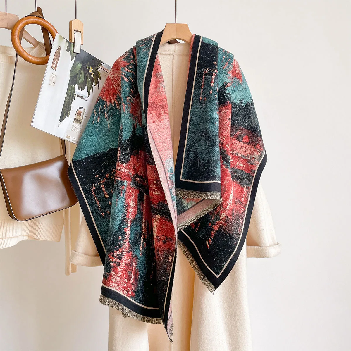 Ladies Monet Twilight Nightscape Oil Painting Printed Imitation Cashmere Scarf Stylish Tassel Fringe Shawl Warm Versatile Daily