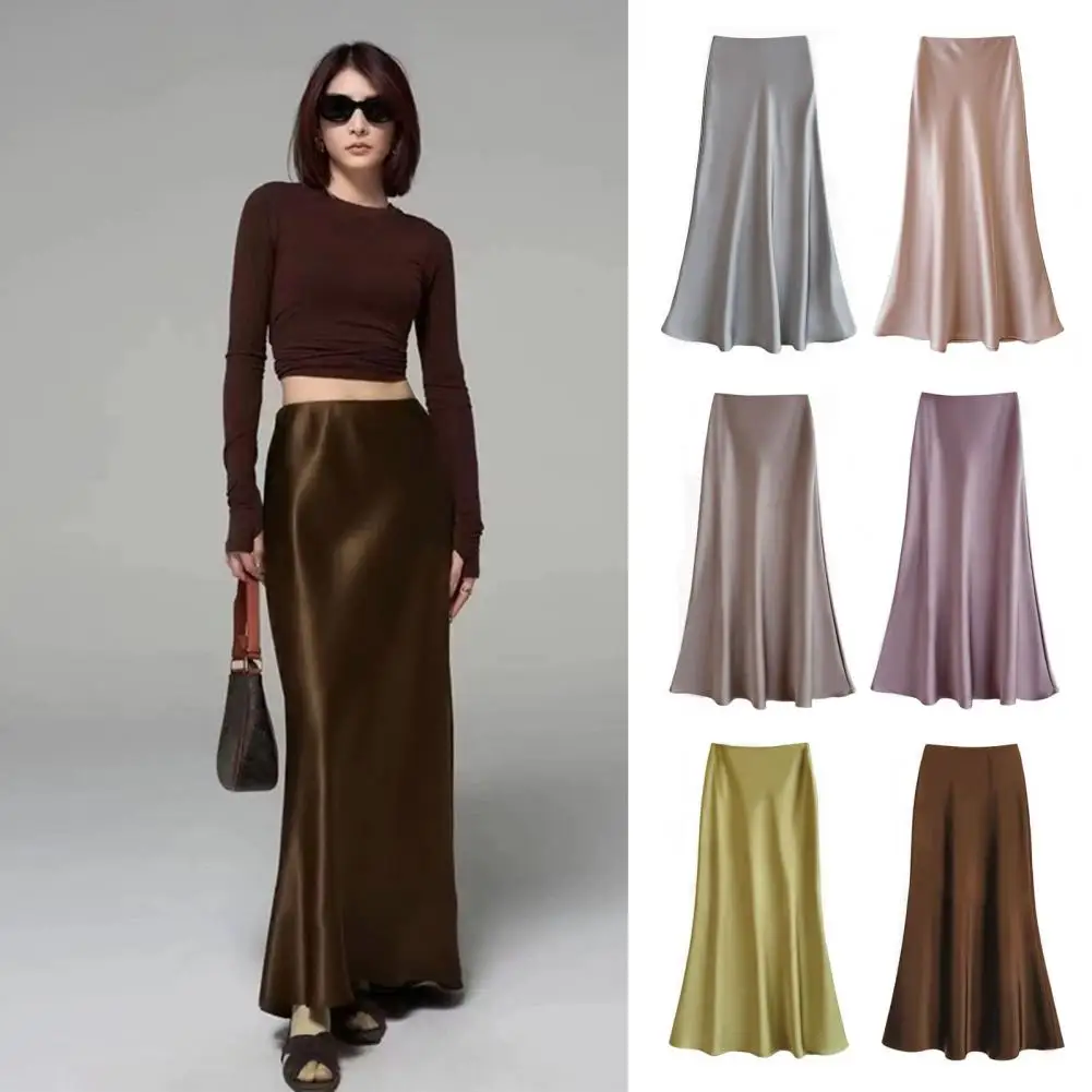 Ademende polyester rok Glanzende satijnen rok Elegante satijnachtige vissenstaartrok voor dames Ontwerp met hoge taille Ademend voor werk