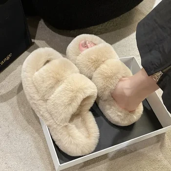 여성용 두꺼운 봉제 모피 슬리퍼, 겨울 슬립온 청키 플랫폼 로퍼, 노새 여성용 두꺼운 바닥 면 슬리퍼 쪼리 