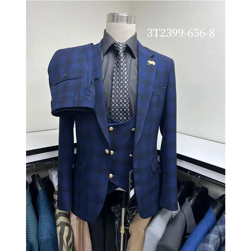 #C-C01 # Fashionable men's checkered suit three piece set