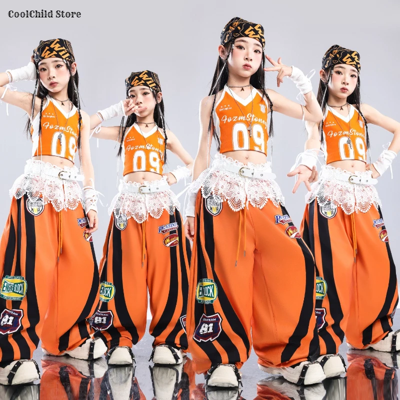 Girls K-pop Orange Crop Tank Top Joggers Pants Children Hip Hop Street Dance Costume Kids Streetwear Girl Group Jazz Clothes Set