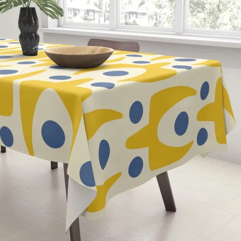 2D Flat Tablecloth 1pc - Retro Tablecloth - Yellow and Blue Abstract Bubble Pattern, Durable Polyester Fabric