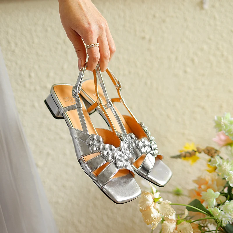2026 summer women sandals natural leather 22-25cm cowhide+pigskin+sheepskin cross-tied flower back-buckle high heel women shoes