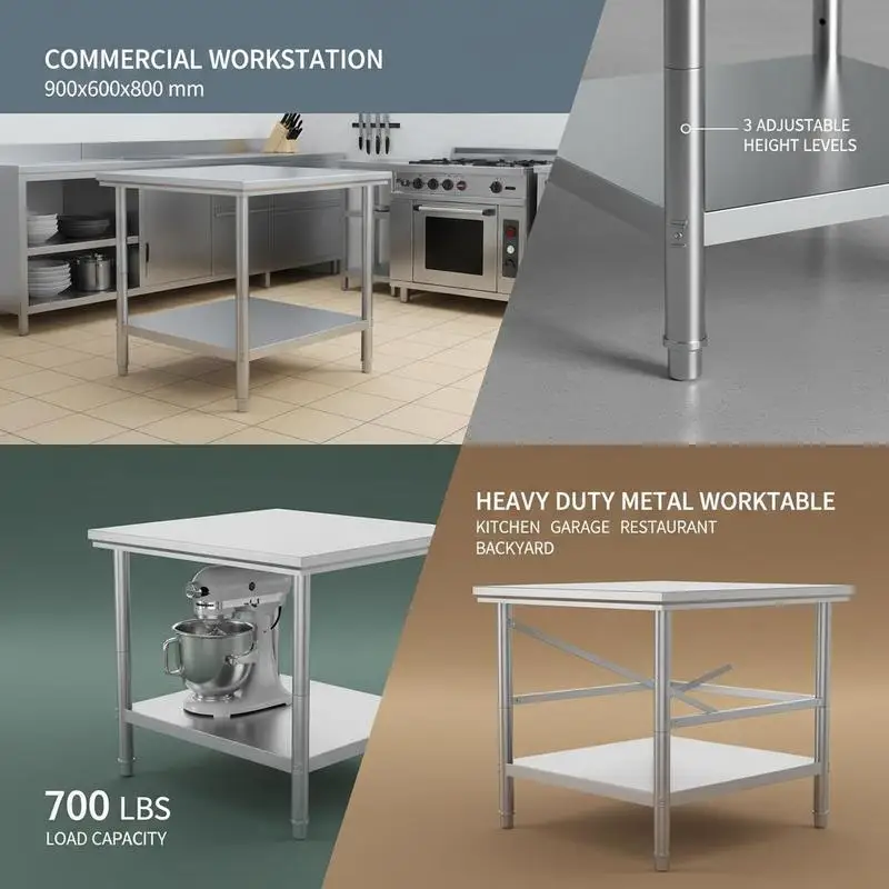 Metal Workstation 900x600x800 Mm for Kitchen Garage Restaurant, 700 Lbs Load Capacity Heavy Duty Adjustable Height Levels Commercial Prep Table - view 5