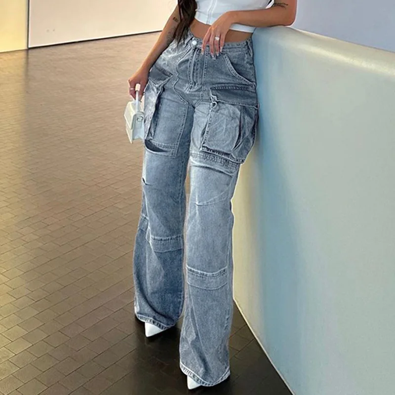 Women Jeans Cargo Pants Denim Washing High Waist Loose Fit Pockets Basics Full Length Pants Solid Color Slight Strech 2024