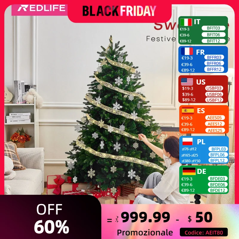 Redlife 6 ft Artificial Christmas Tree Fireproof Eco-friendly PVC PE Easy Assembly w/ Double Cross Metal Stand & 1,471 Branches