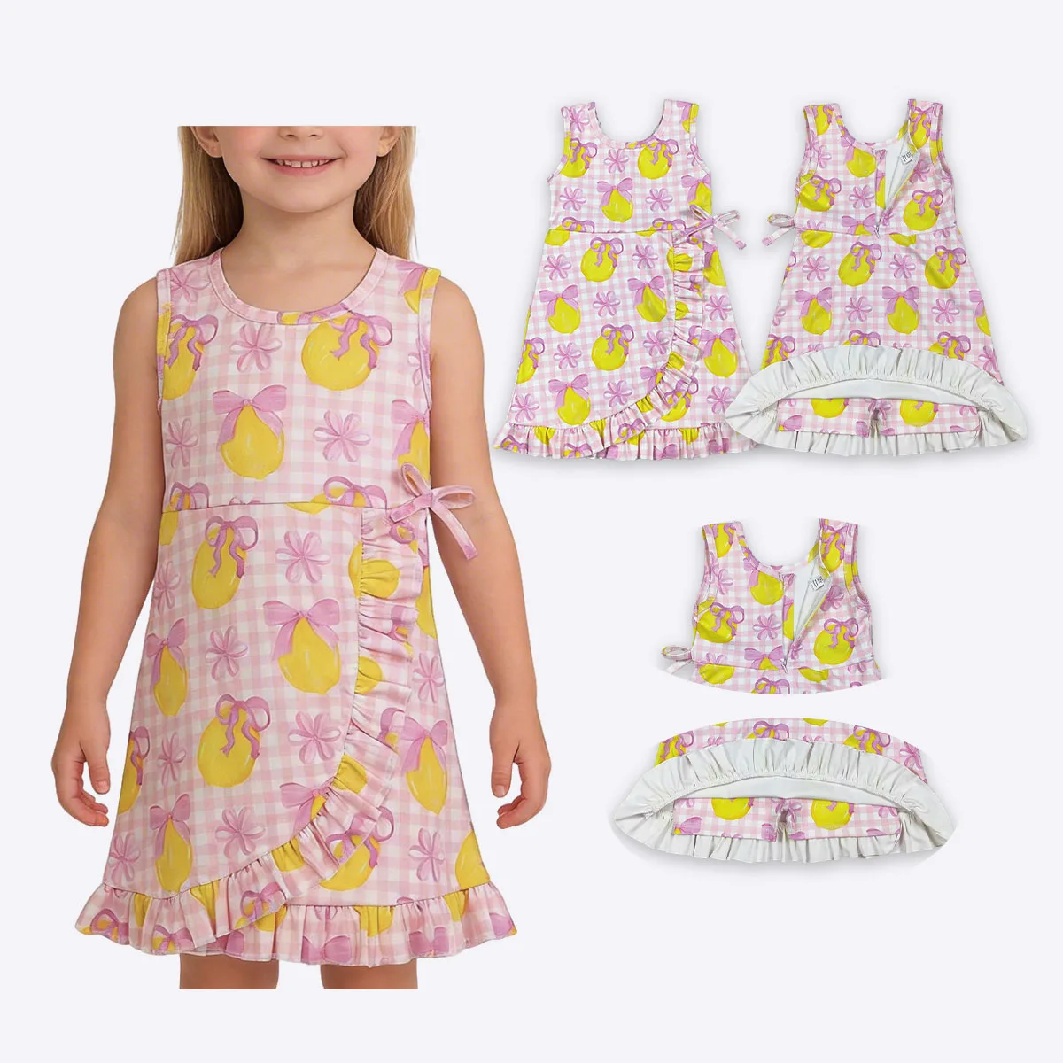 

Kids Cute Princess Dresses Baby Girls Plaid Bows Lemons Yoga Active Shorts Ruffle Knee Length Dress Children Clothes Wholesale