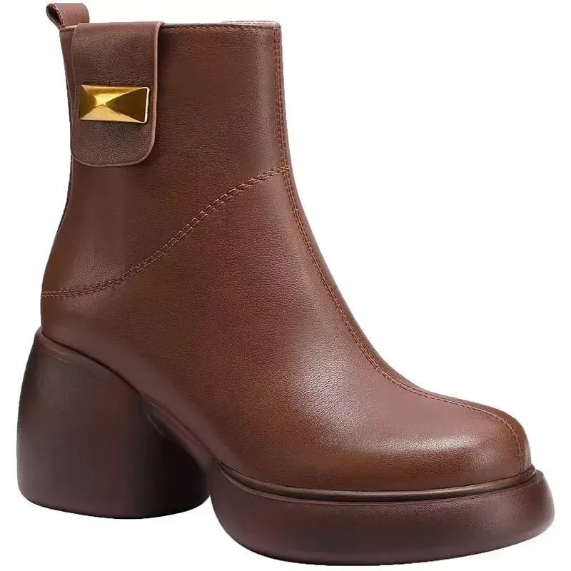 

Female Short Shoes Elegant With Medium Heels Zip Booties Thick Platform Retro Style Women's Ankle Boots Hot Pu Trend 2025 Boot
