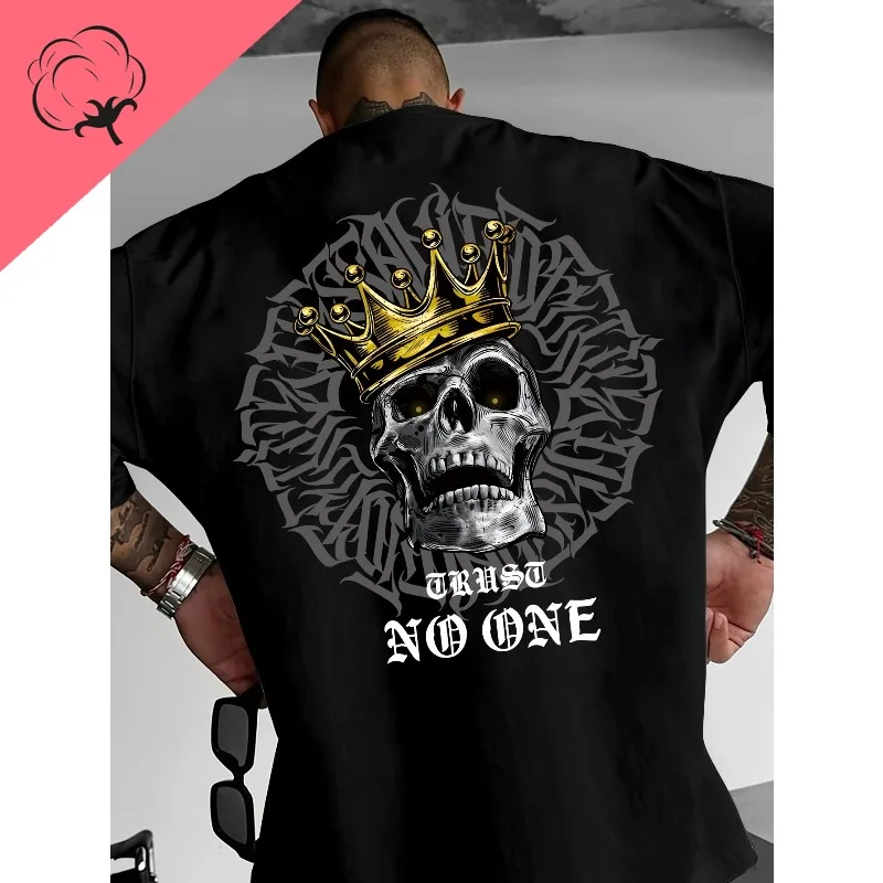 تي شيرت بنمط جمجمة وتاج قوطي - ظهر فضفاض على طراز الشارع مطبوع بكلمات "TRUST NO ONE" من القطن الخالص للجنسين عصري #2