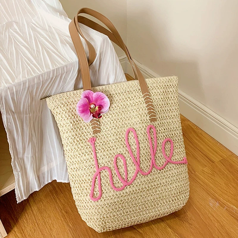 Summer Contrast Color Women Straw Shoulder Bags Large Capacity Ladies Woven Handbags Casual Female Beach  Underarm Tote