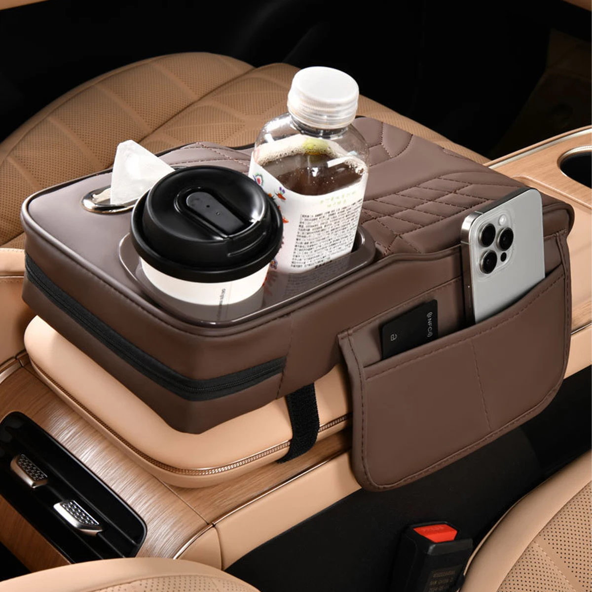 Multifunctional Car Armrest Cushion, Center Console Cover with Tissue Holder, Cup Slot and Side Pockets view 2
