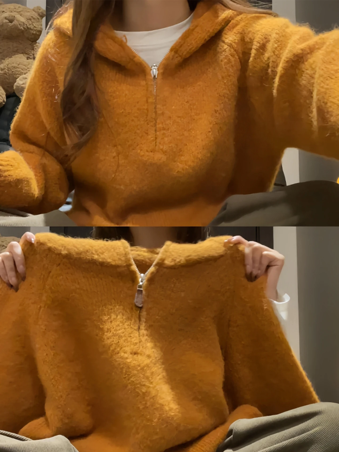 

Оранжевый вязаный свитер с капюшоном, женский осенне-зимний свитер на молнии, мягкая уютная внутренняя одежда, ленивый слэ, модный ветер для поездок на работу