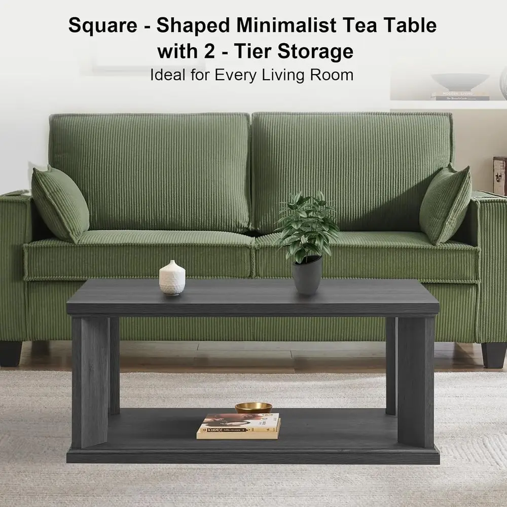 2-Tier Wooden Storage Coffee Table, Modern Living Room Furniture, Grey Finish