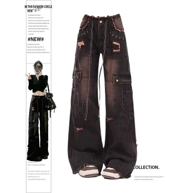 

Women's Baggy Pants Punk Grunge High Street Vintage Design Straight High Waist Pockets Drawstring Raw Edges Draped Wide-legged