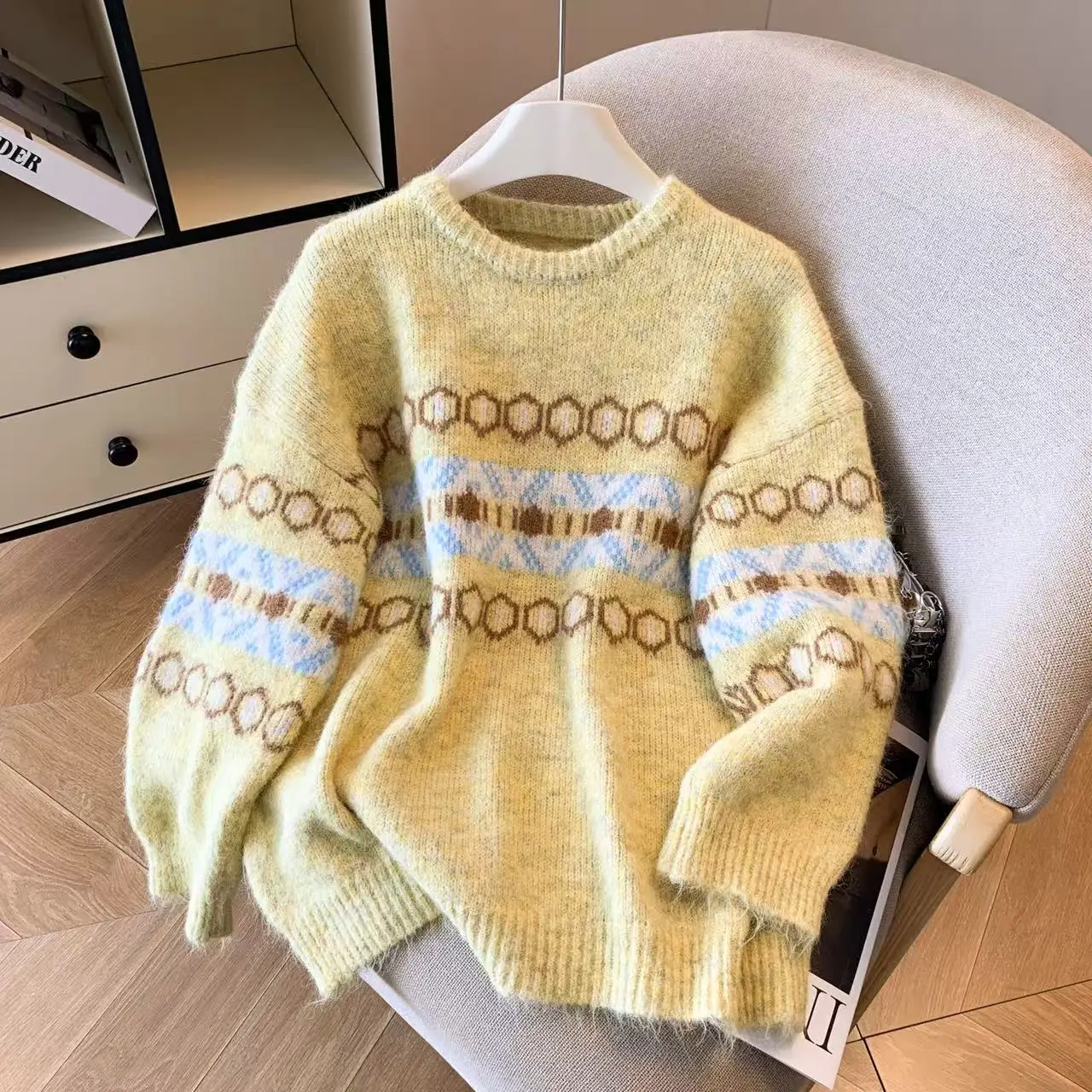 الأصفر الرجعية المرأة تريكو الخريف الشتاء Thiened جديد Sle Fair Isle التطريز تصميم فضفاض ملابس داخلية تخفيف مستقيم...