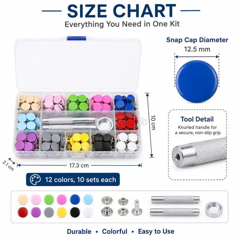 125pcs 12.5mm Colored Snap Buttons with Punching Tool for DIY Crafts Sewing Fasteners Set