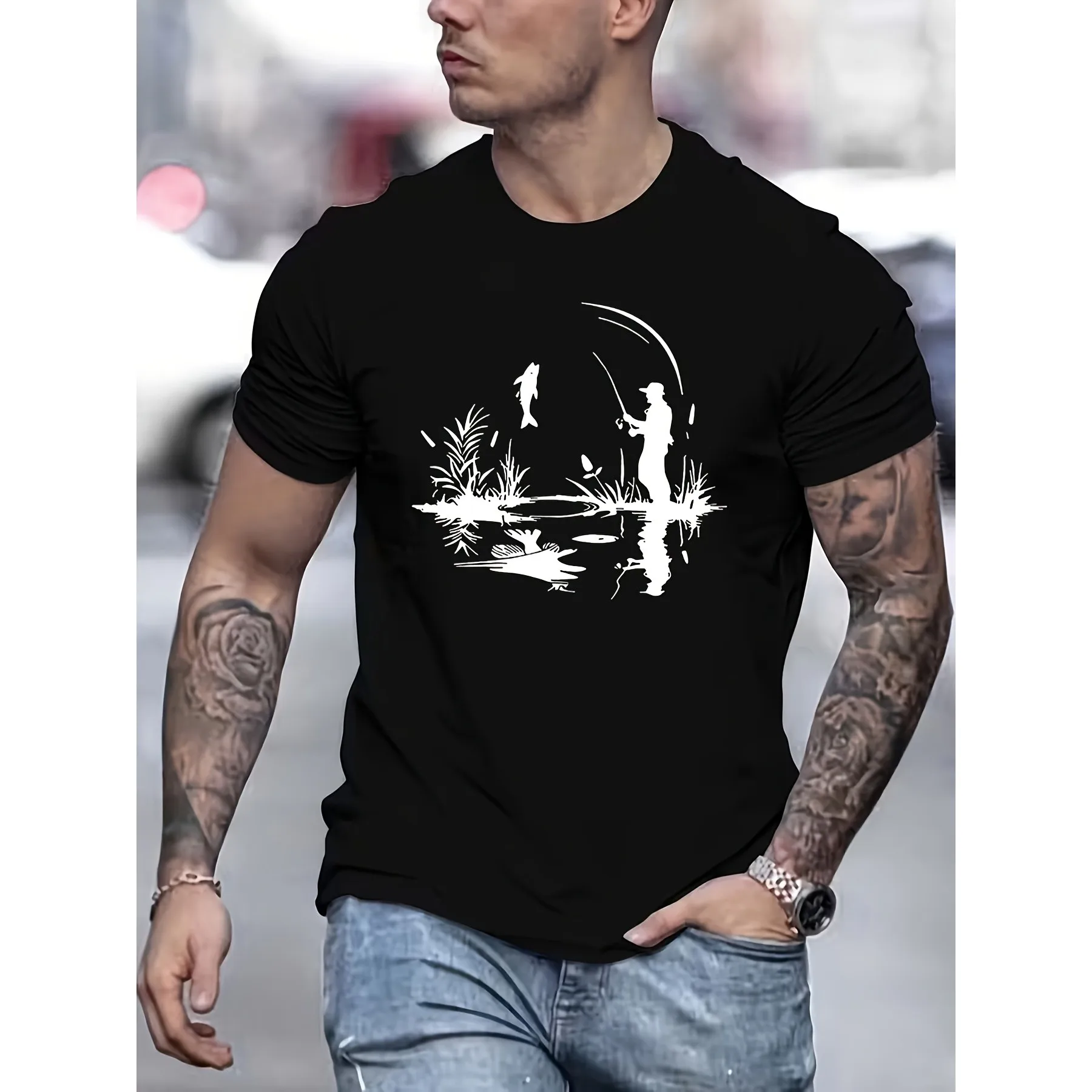 Fisherman Silhouette Fishing Scene Graphic Men's Cotton T-Shirt Casual Outdoor Summer Crewneck Tee