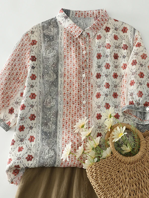 

Summer Lightweight Floral Print Half Sleeve Shirt Women's Casual Style Loose Fit Polyester Fabric French Style Shirt