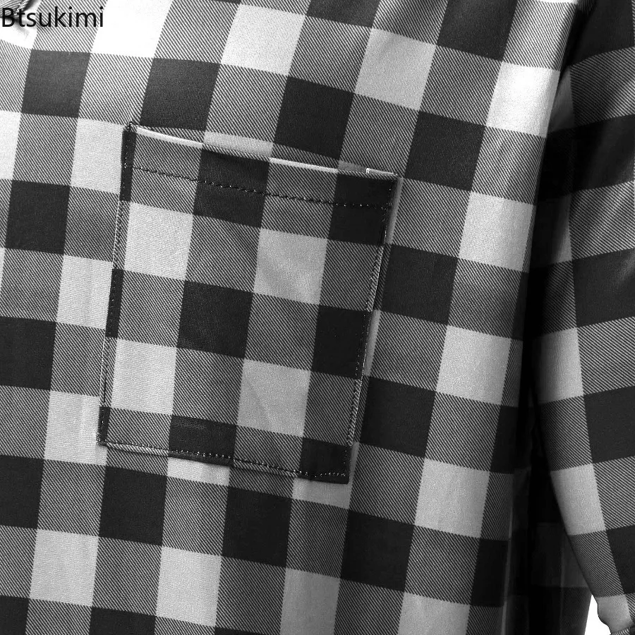 Spring New Men's Pajamas Robe Fashion Plaid Loose Casual Bath Robes Long Sleeve V-neck Home Loungewear Male Nightgown with Hat