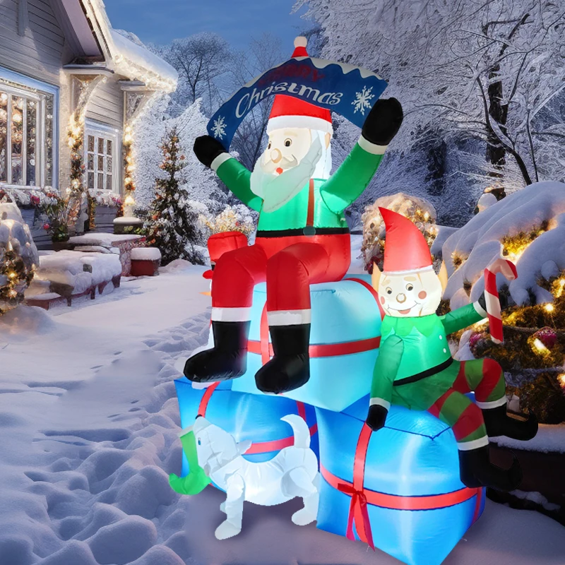 2.1M/6.8FT Inflatable Santa Claus Snowman Elf Dog Gift Boxes Lights LED Home Decorations Toys Yard Xmas Holiday Supplies Decor
