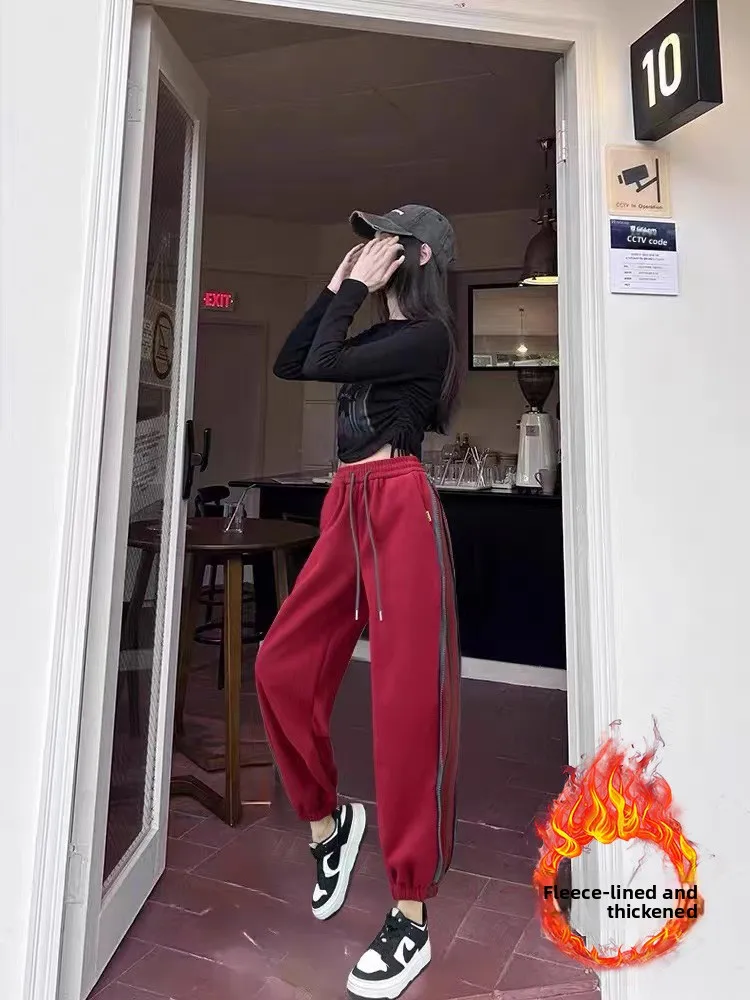 

Женские утепленные спортивные брюки с высокой талией на флисовой подкладке, американского стиля, с манжетами, осенне-зимняя новинка, широкие штанины