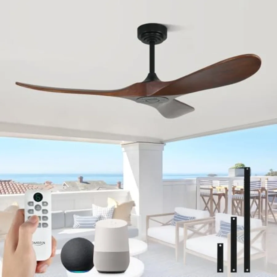 Outdoor ceiling fan for patios and farmhouses, wood material, dark walnut color, high CFM airflow, 3-blade design, smart remote