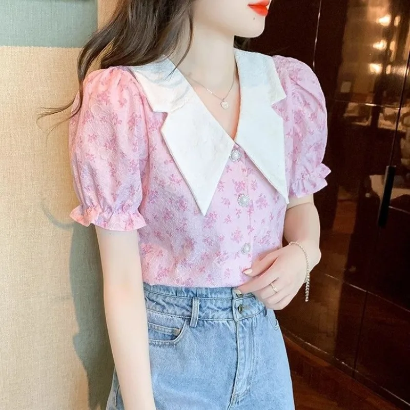 2024 Summer New Blouses Women\'s Chic Flattering Printed Spliced Button Standard Peter Pan Collar Puff Sleeve Chiffon Shirts Tops