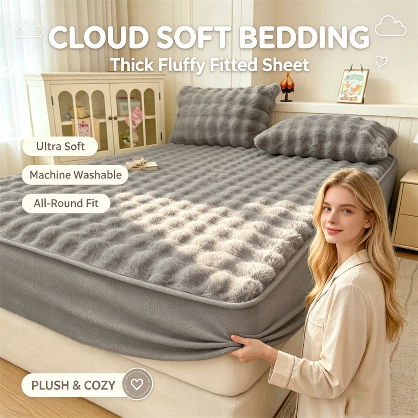 Luxury Fluffy Bubble Faux Rabbit Fur Fitted Sheet Thick Soft Plush Mattress Protector Cover Non-Slip Bed Cover Queen King Size