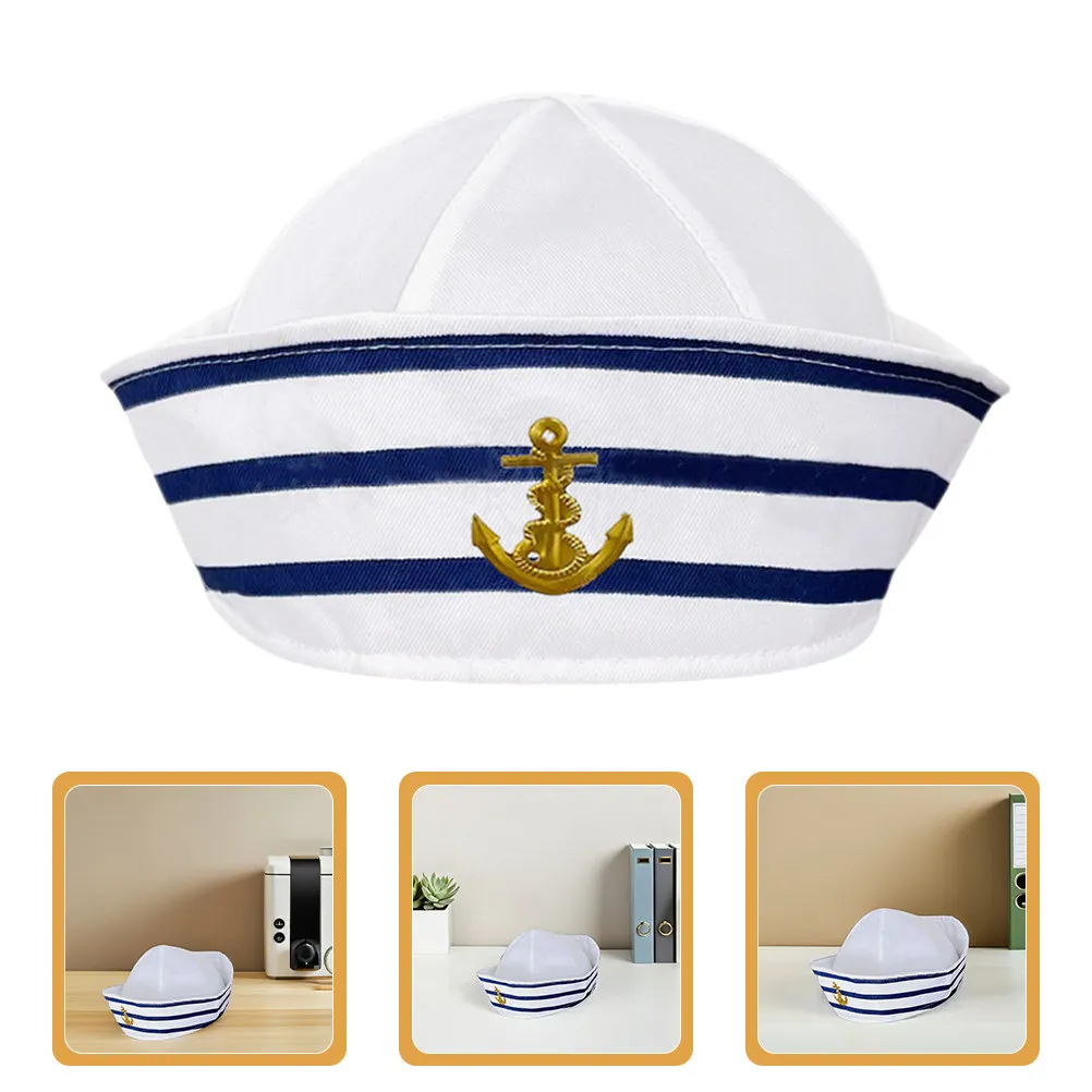 Blue White Striped Sailor Hat Round Top Brimless Design Navy Style for Cosplay Halloween Costume Accessories