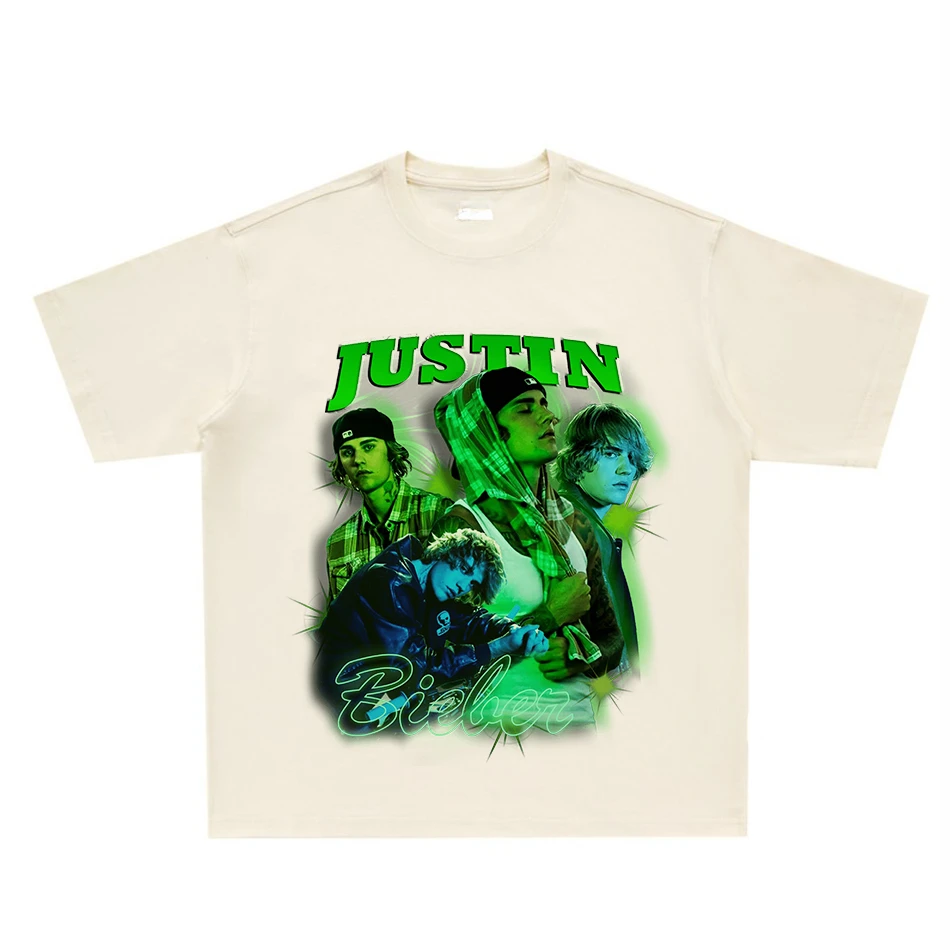 2024 Pop Justin Bieber High Street Print T-shirt Plus Size Loose American Retro Round Neck Digital Direct Spray Short Sleeve