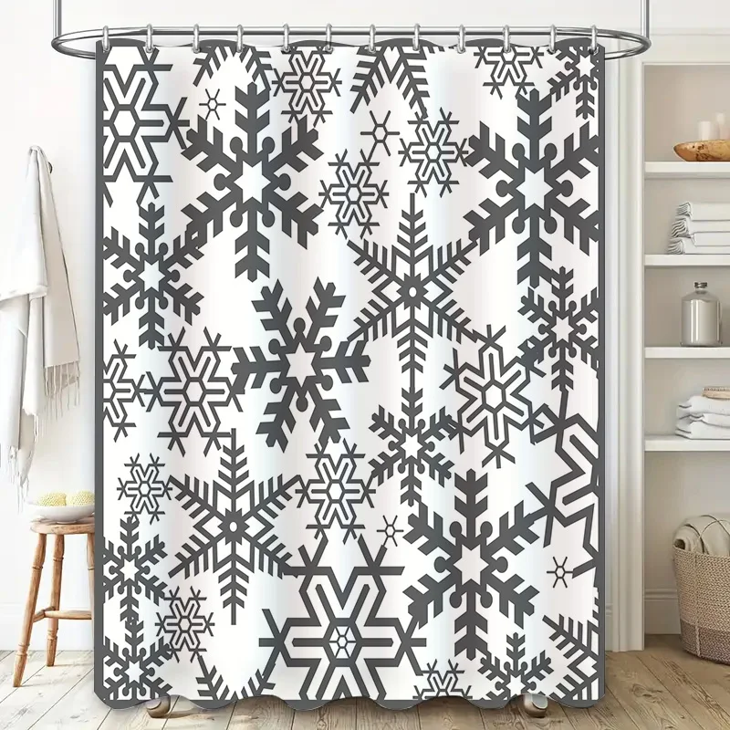 Winter Snowflake Shower CurtainStylish Bathroom Decor in Black White High-Quality Waterproof Fabric with Hook Rings for Easy Ins