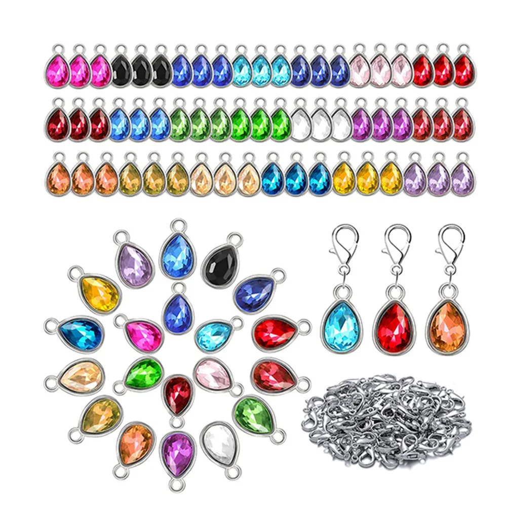 160Pcs Birthstone Charms Beads Pendants and Lobster Claw Clasp Set, Teardrop Beads Dangle for Jewelry Making Necklaces B