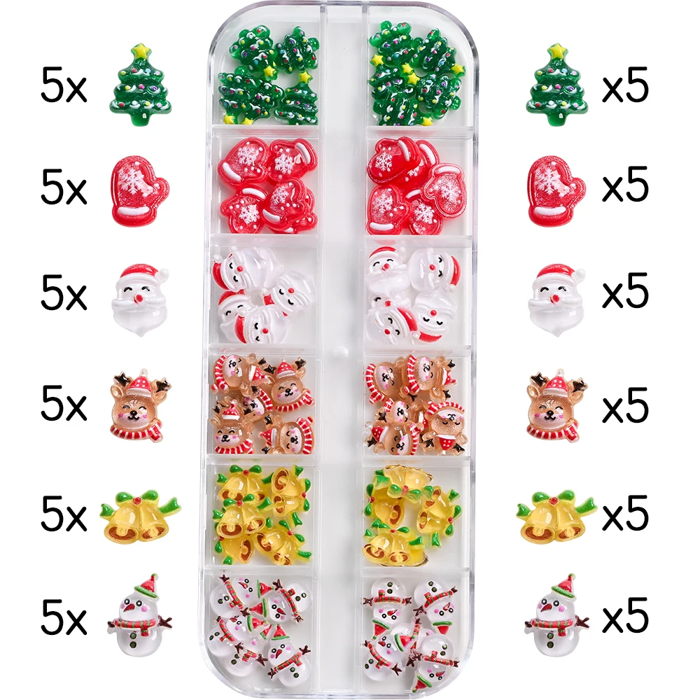 12Gird Kawaii Mini muñeco de nieve árbol de Navidad dijes para uñas 3D Reno campana Santa Claus uñas diamantes de imitación resina Navidad gemas para uñas 30-60 piezas