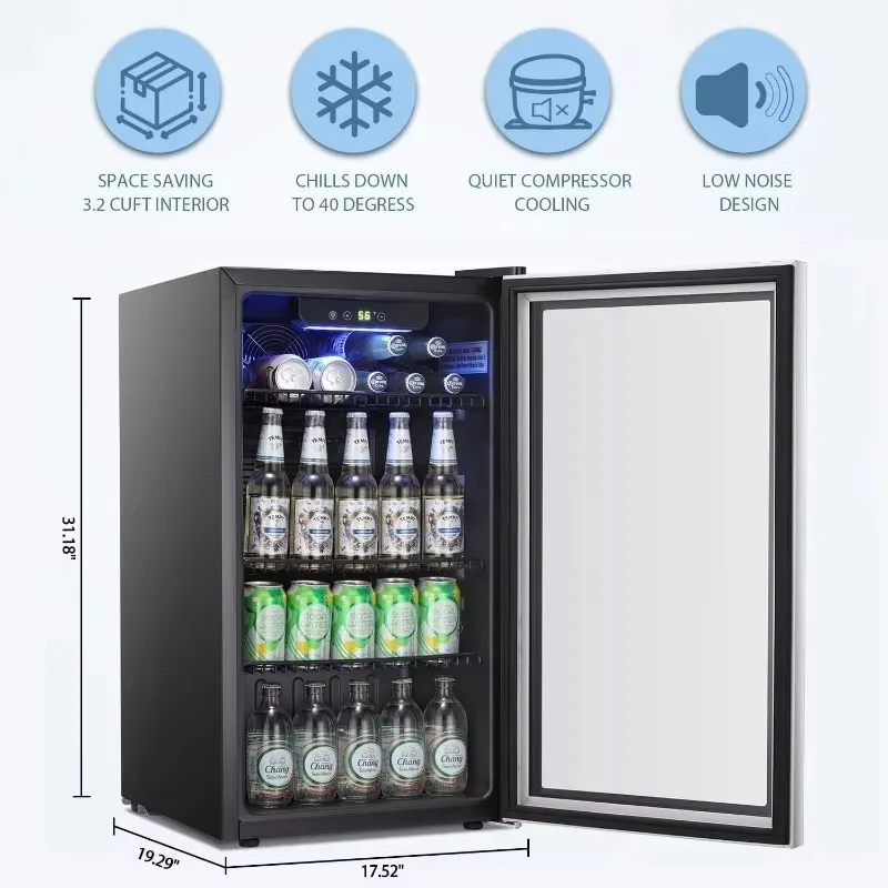 Antarctic Star 3.2cu.ft Beverage Refrigerator Cooler -120 Can Mini Fridge Glass Door for Soda Beer or Wine Small Drink Dispenser