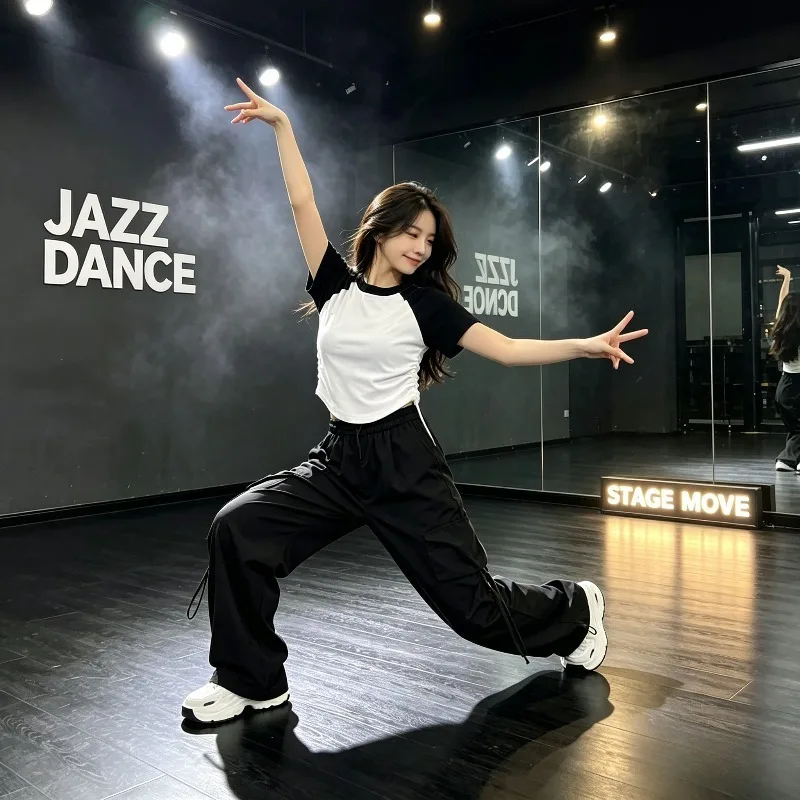 Women S-2XL Soft Jazz Dance Outfit Set Raglan Crop Top Cargo Wide Leg Pants Hip Hop KPOP Idol Stage Performance Fashion Costume