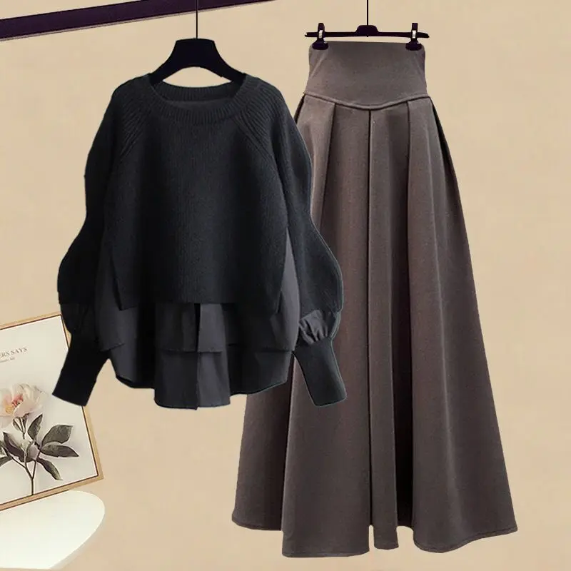 Large Women's Autumn Set 2024 New Fashion Fake Two Piece Top Style Slim Half Skirt Two Piece Setwinter Clothes Womenmatching Set