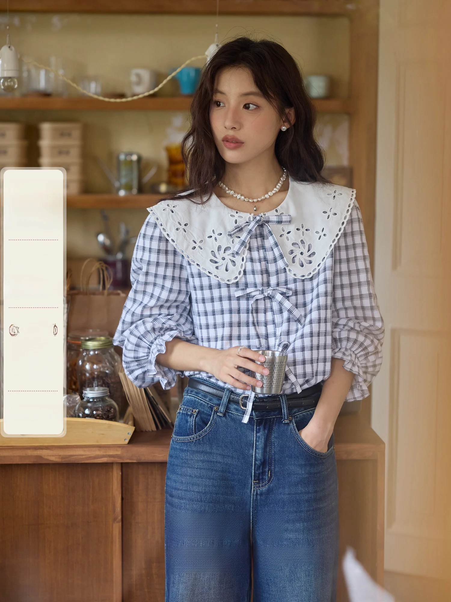 

ORWhite Embroidered Hollow out Collar irt Women's Classic Bla White Plaid Design Casual Sle Long Sve Cotton Butterfl...