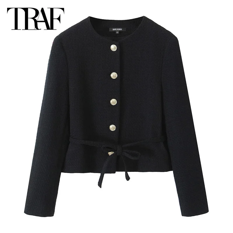 TRAF Butterfly Lace-Up Blazer Coats Women\'s Outerwears 2024 Spring Autumn Elegant Ladies Fashion Casual Black Long Sleeve Coats