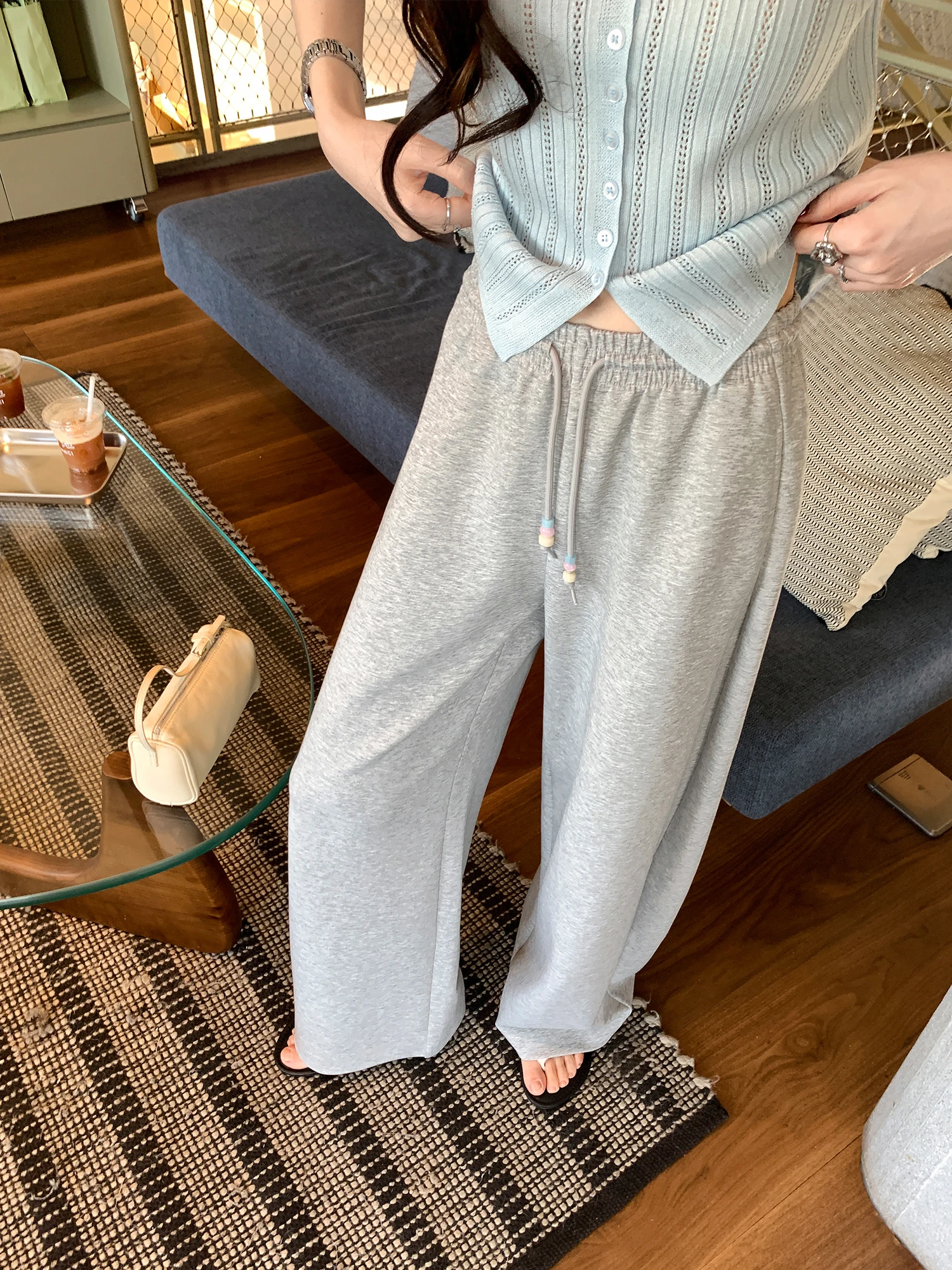 Comfortable Grey Wide Leg Sweatpants Women's Loose Slimming Lazy Straight Leg Trousers Casual Style Natural Waist Other Material