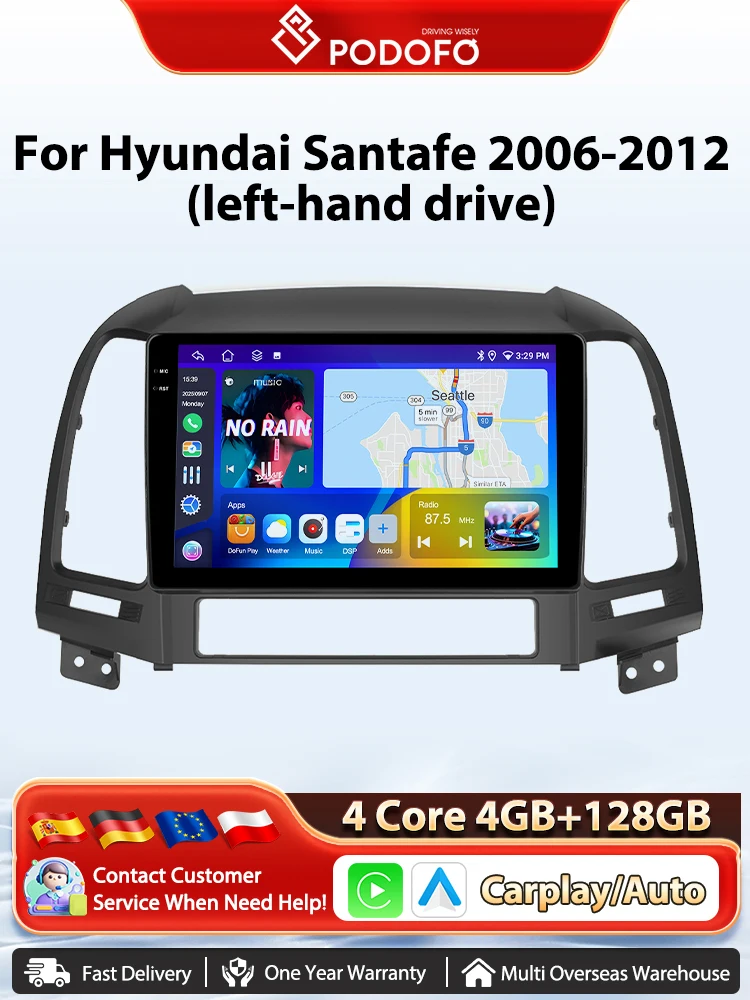 Podofo 9'' Drahtlose CarPlay Auto Autoradio Für Hyundai Santafe 2006-2012 (links) Android GPS Navigation WIFI multimedia-Player DSP