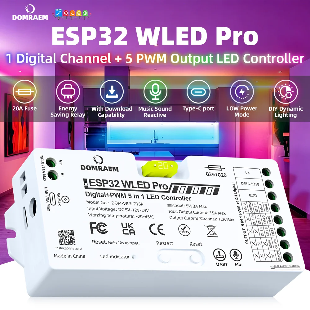 DOMRAEM Pro Pro MAX WLED All in One LED Controller ESP32 Ethernet Digital RGBIC WS2812B SK6812 PWM LED Strips 20A External Fuse
